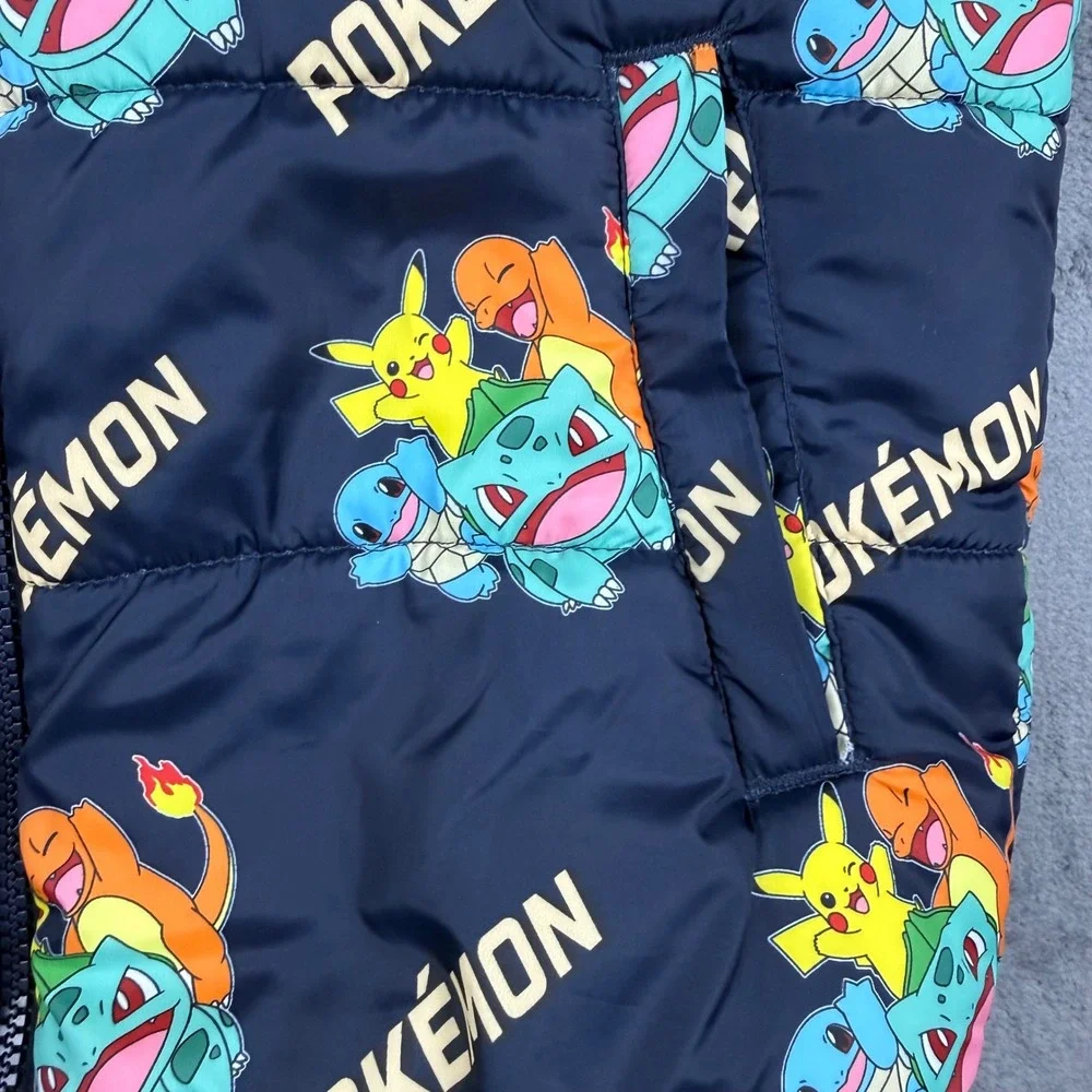 H&M Pokemon Puffer Vest Kids 8-10 Navy Pikachu Bulbasaur Squirtle Charmander